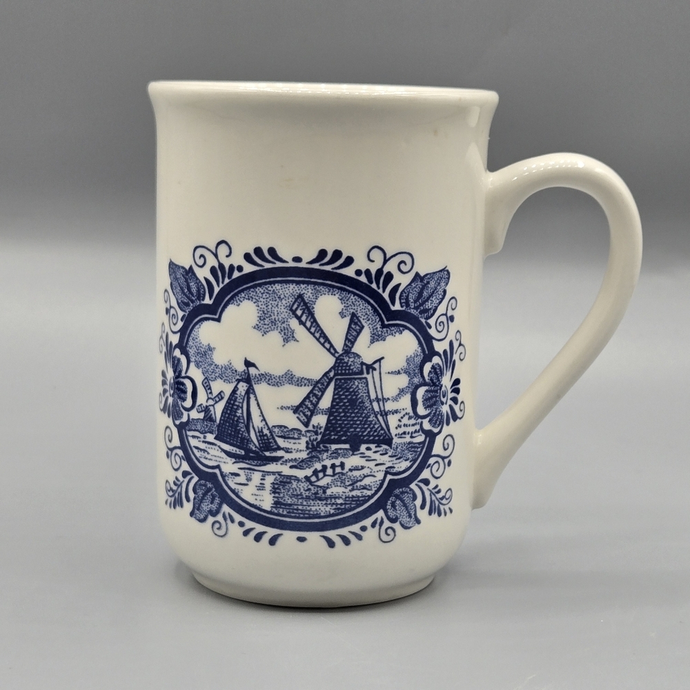 Vintage Churchill England Windmill & Salilboat, Blue and White Ceramic Mug